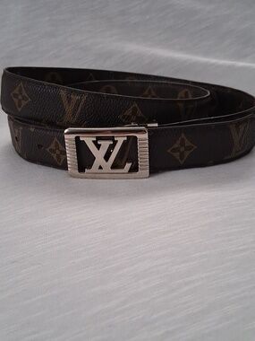 Designer-Style Brown Monogram Men's Leather Belt with Metal Buckle